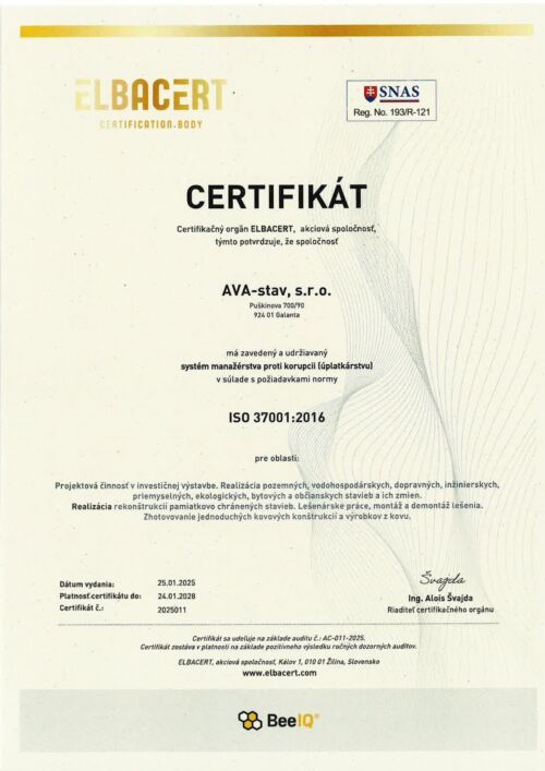 007 AVA stav Certifikat ISO 37001 antikorupcia